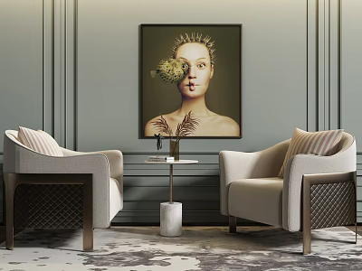 Elegant Leisure Sofa Set With Beige Chairs Small Side Table And Gray Wall Art 3d model