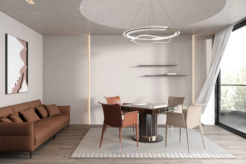 Modern Study Room Interior With Brown Sofa Chairs Round Table Wall Art And Pendant Light 3d model