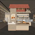 Modern Dessert Shop Interior with Glass Display Cases Assorted Pastries Warm Lighting and Wooden Counter