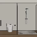Elegant Gold Shower Head In Modern Glass Shower Room With White Toilet And Wood Floor