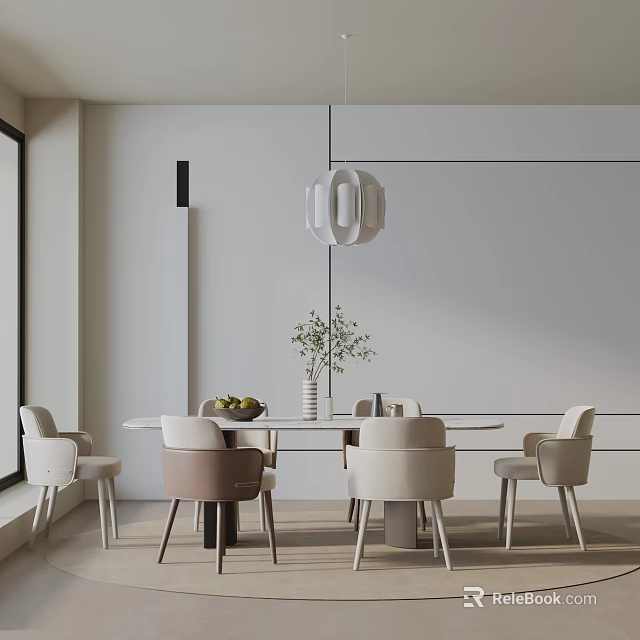 Minimalist Dining Table Set With Neutral Colored Chairs Pendant Light And Potted Plant 3d model 