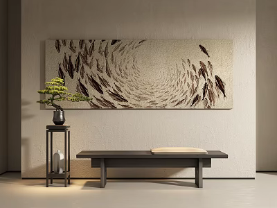 Minimalist Japanese Style Interior With Wall Art Bonsai And Bench 3d model