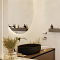 Modern Bathroom Interior With Glass Shower Door Wall Mounted Shelf And Potted Plant