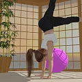 Woman Doing Handstand On Pink Exercise Ball In Room With Large Windows And Green Plant
