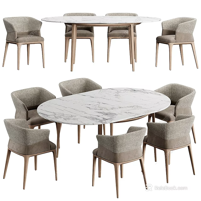 Modern Oval Marble Tabletop Dining Set With Six Fabric Upholstered Wooden Leg Chairs 3d model 