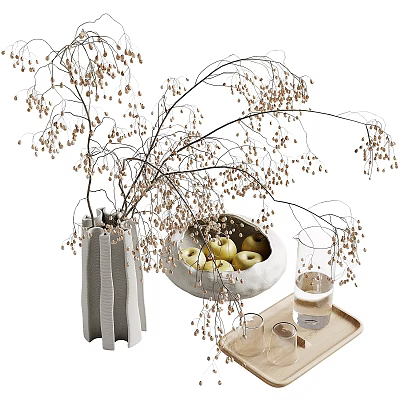 Decorative Ornament Set with Gray Vase Dried Flower Branches White Bowl Apples Tray and Glasses 3d model