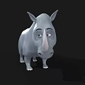 Cartoon Style Gray Rhinoceros 3D Model With White Horns On Black Background