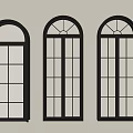 Arched Top Casement Windows with Grid Glass Black Frame on Light Wall 3d model