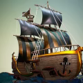 Wooden Ship with Striped Sails Hull Gold Accents and Anchor on Ocean Waves Under Sky
