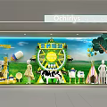 Vibrant Window Display Featuring Ferris Wheel Cow Colorful Tent Balloons Grass And White Fence