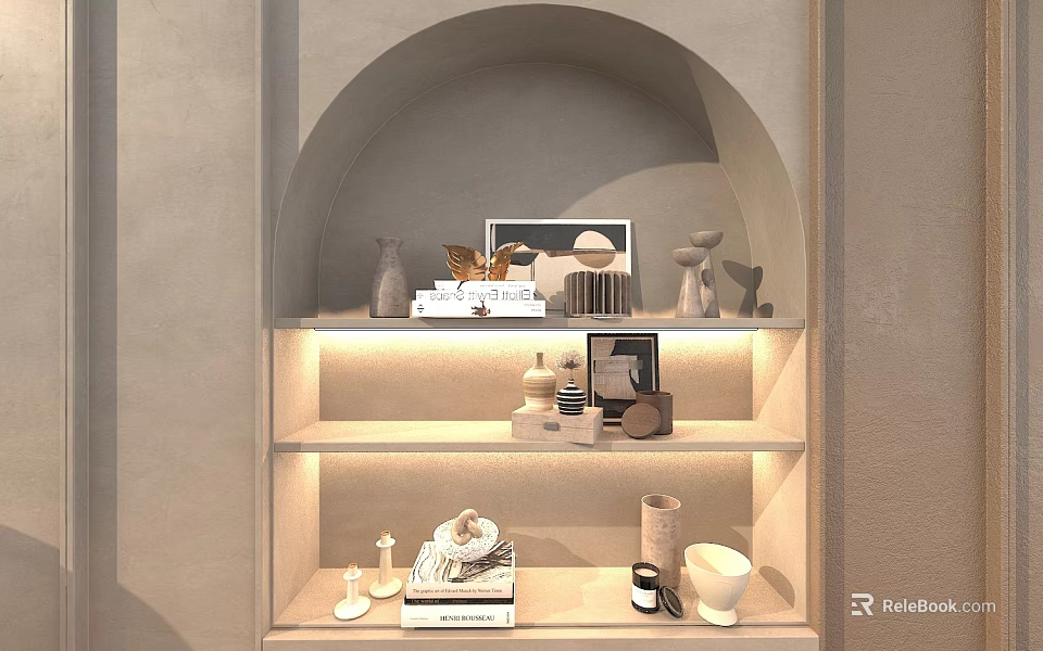 Modern Decorative Ornament Set on Arched Display Shelves with Vases Frames and Books 3d model 