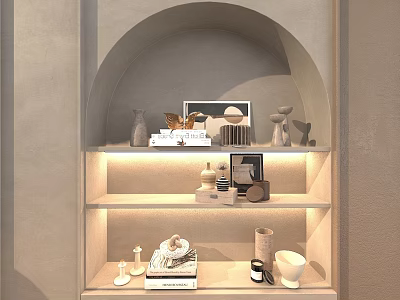 Modern Decorative Ornament Set on Arched Display Shelves with Vases Frames and Books 3d model