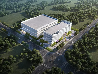 Modern White Building Complex Surrounded By Green Trees And Road Network 3d model