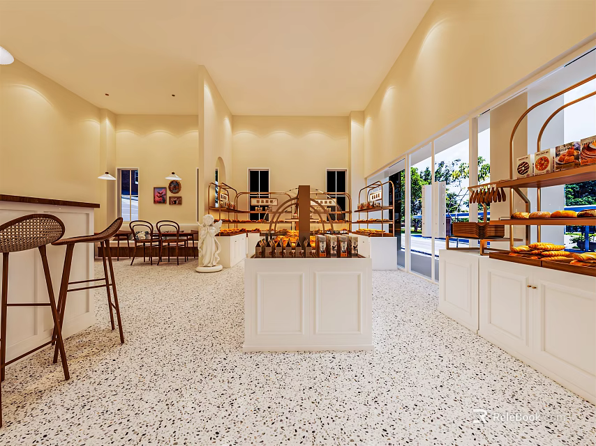 Dessert Shop Interior With Sweet Treats Display Shelves Cozy Seating And Bright Lighting Design 3d model 