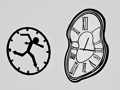 Round and Irregular Shaped Clocks with Running Stick Figure and Roman Numerals Design 3d model