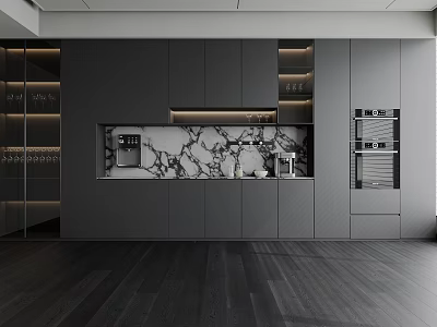 Modern Wine Cabinet With Glass Doors Grey Cabinets And Marble Countertop In Kitchen 3d model