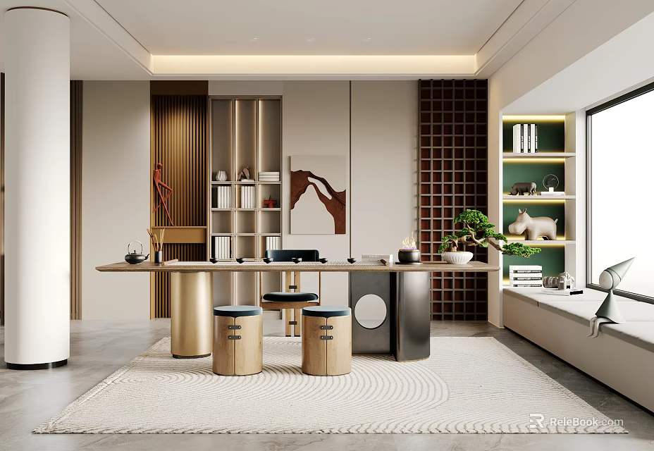 Modern Study Room Interior With Wooden Table Gold Stools Bookshelves Green Plant And Large Window 3d model 