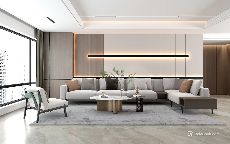 Modern Living Room With L Shaped Sofa Coffee Table LED Strip Light And Wooden Accent Wall 3d model 