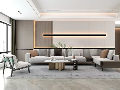 Modern Living Room With L Shaped Sofa Coffee Table LED Strip Light And Wooden Accent Wall 3d model