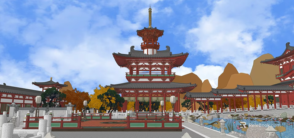 Traditional Commercial Street with Ancient Chinese Tower Autumn Trees Stone Bridge and Pond 3d model 