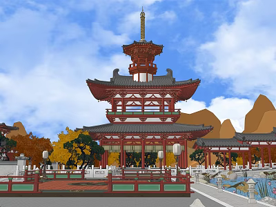 Traditional Commercial Street with Ancient Chinese Tower Autumn Trees Stone Bridge and Pond 3d model