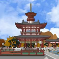 Traditional Commercial Street with Ancient Chinese Tower Autumn Trees Stone Bridge and Pond