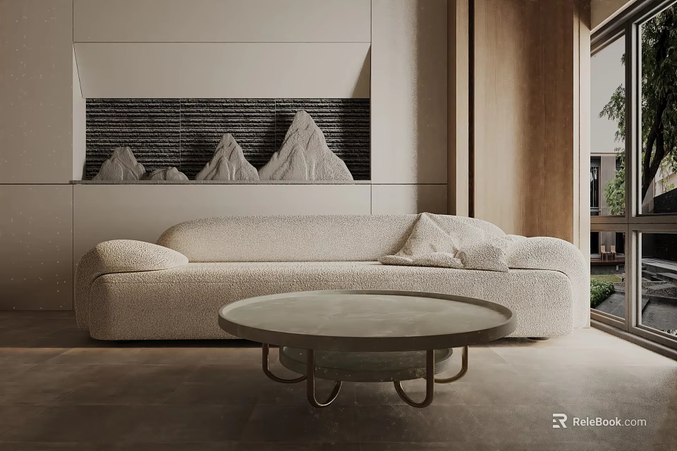 Modern Beige Plush Three Seat Sofa With Round Coffee Table And Mountain Decor Wall 3d model 