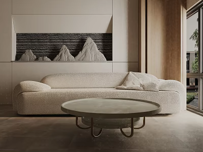 Modern Beige Plush Three Seat Sofa With Round Coffee Table And Mountain Decor Wall 3d model