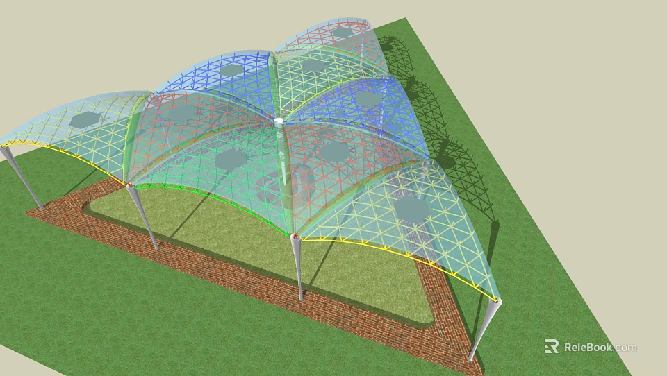 Tensile Structure Roof With Metal Frame Over Green Lawn And Brick Path 3d model 