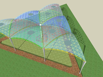 Tensile Structure Roof With Metal Frame Over Green Lawn And Brick Path 3d model
