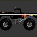 Black Monster Truck With Flame Graphics Large Off Road Tires And Roof Mounted Lights