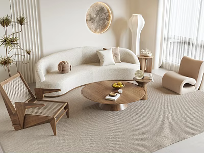 Modern Living Room Interior With Curved Sofa Wooden Coffee Table And Accent Chair 3d model