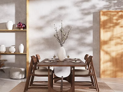 Cozy Dining Table Setting With Wooden Chairs Vase Branches Tableware Neutral Wall Shadows 3d model