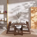 Cozy Dining Table Setting With Wooden Chairs Vase Branches Tableware Neutral Wall Shadows