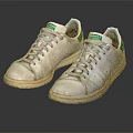 White Worn Classic Sneakers With Green Accents And Lace Up Design
