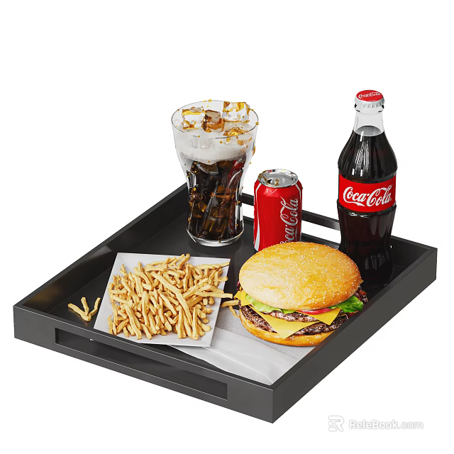 Tasty Hamburger With French Fries And Cold Coca-Cola Bottle Can Glass On Black Tray 3d model 