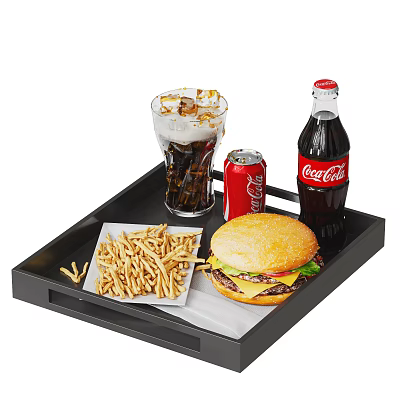 Tasty Hamburger With French Fries And Cold Coca-Cola Bottle Can Glass On Black Tray 3d model