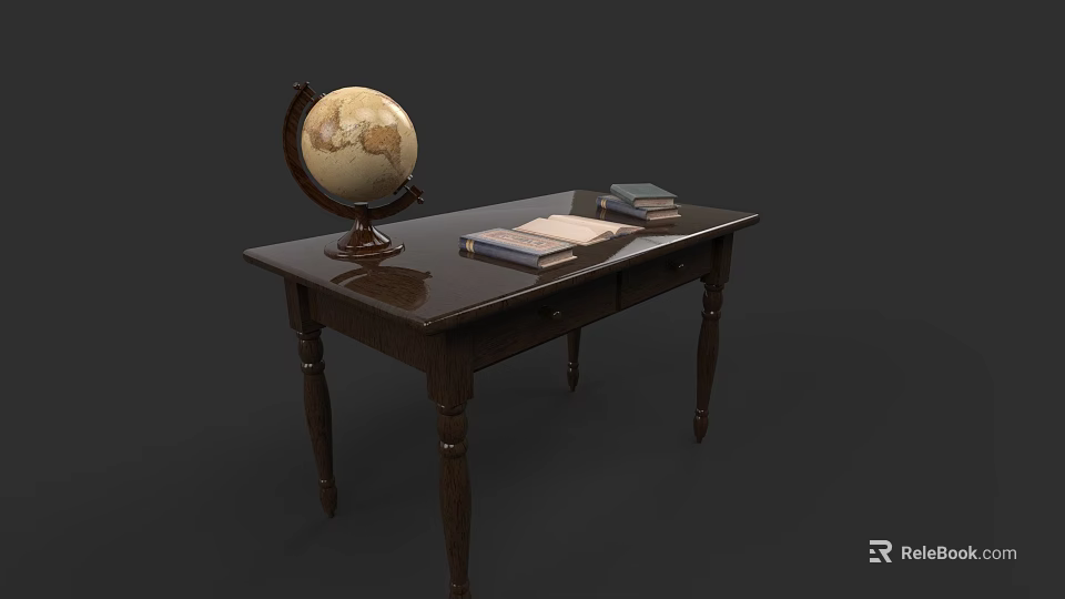 Dark Wooden Office Desk With Globe Open Book And Stacked Books 3d model 