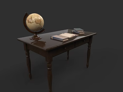 Dark Wooden Office Desk With Globe Open Book And Stacked Books 3d model