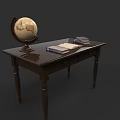 Dark Wooden Office Desk With Globe Open Book And Stacked Books