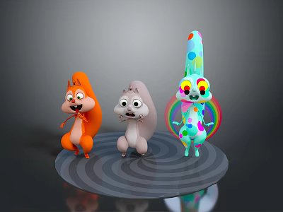 Playful Cartoon Creatures Including Squirrels Colorful Spotted Character With Rainbow And Exaggerated Expressions On Concentric Platform 3d model