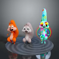 Playful Cartoon Creatures Including Squirrels Colorful Spotted Character With Rainbow And Exaggerated Expressions On Concentric Platform