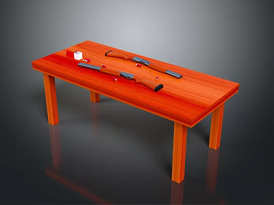 Wooden Table With Two Rifles And A Small White Box On Surface 3d model