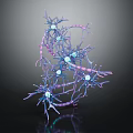 3D Rendered Organ and Hair Structure Featuring Branching Fibers Glowing Blue Nodes Purple Strands