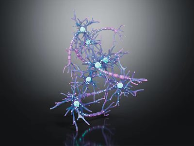 3D Rendered Organ and Hair Structure Featuring Branching Fibers Glowing Blue Nodes Purple Strands 3d model