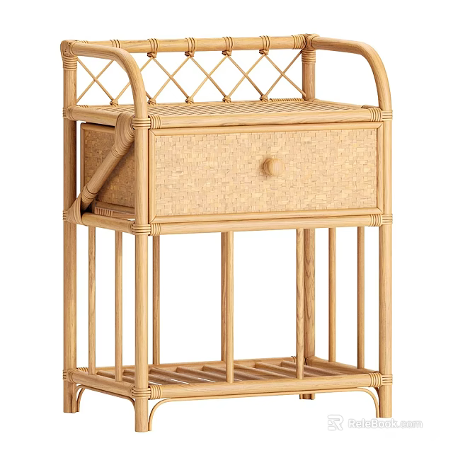 Rattan Tea Table With Drawer Lattice Design And Open Shelf For Living Room 3d model 