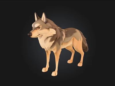 Detailed Realistic Standing Wolf 3D Model With Brown Beige Fur On Black Background 3d model