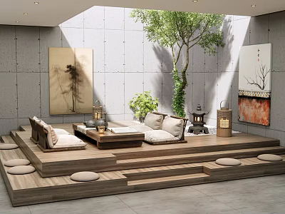 Modern Tea Room With Wooden Platform Tatami Seating Green Plant And Decorative Paintings 3d model