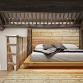 Cozy Attic Bedroom Interior With Wooden Floor Headboard Ladder And Roof Beams
