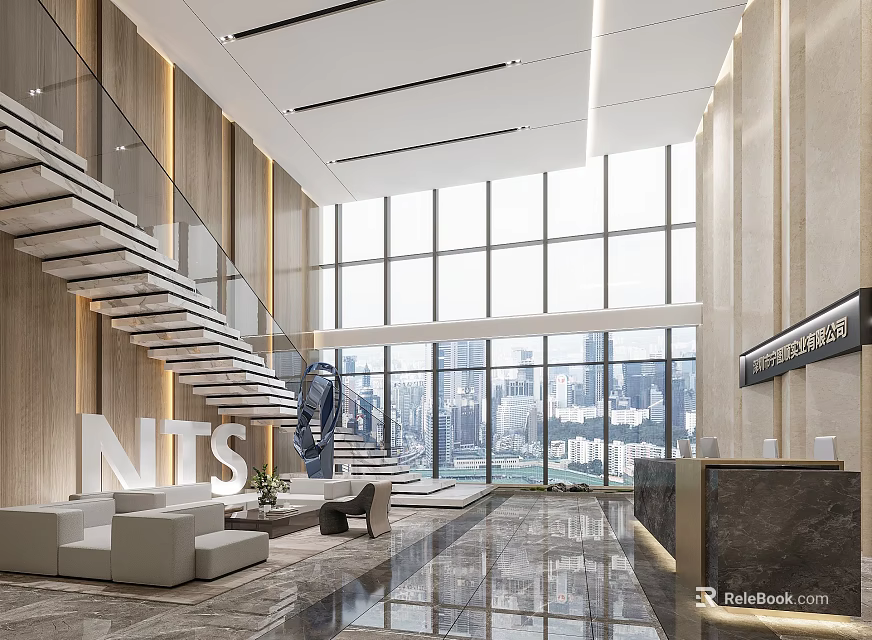 Luxurious Lobby Interior With Marble Flooring Large Windows Staircase Reception Desk And City View 3d model 
